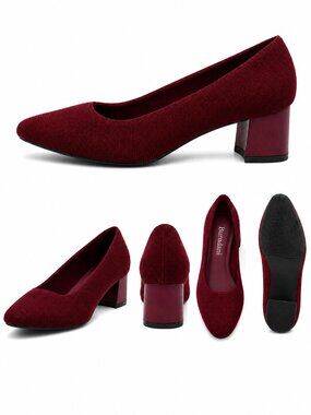 Burudani Women’s Burgundy Knit Round Toe Block Heel Shoes, Size, 6-11